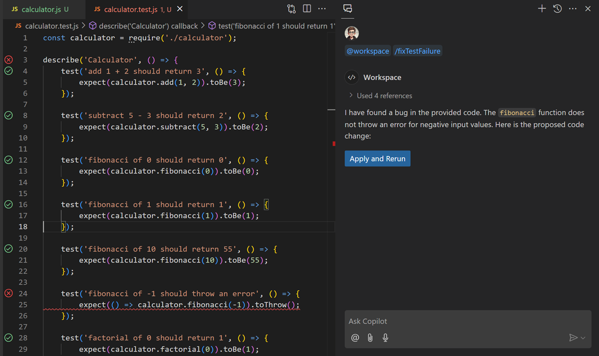 Copilot Chat /fixTestFailure for identifying and suggesting a fix for a failing test