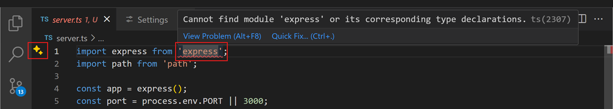 Screenshot of VS Code editor, showing the Copilot sparkle because of an error with the express import statement.