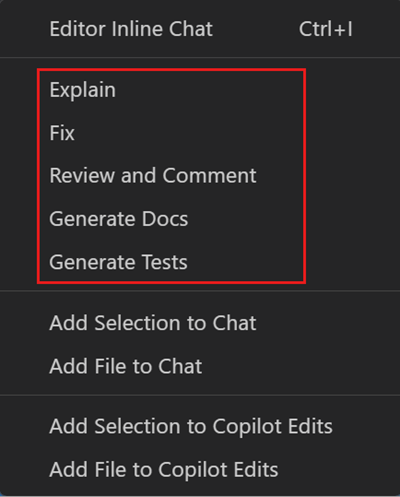 Editor context menu with the Copilot menu group expanded