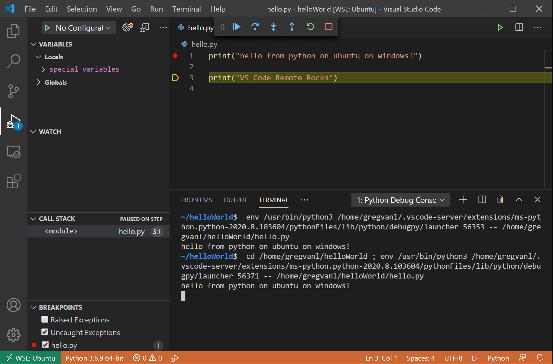 VS Code debug view