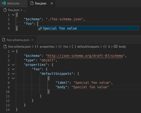 Default snippets in JSON schema