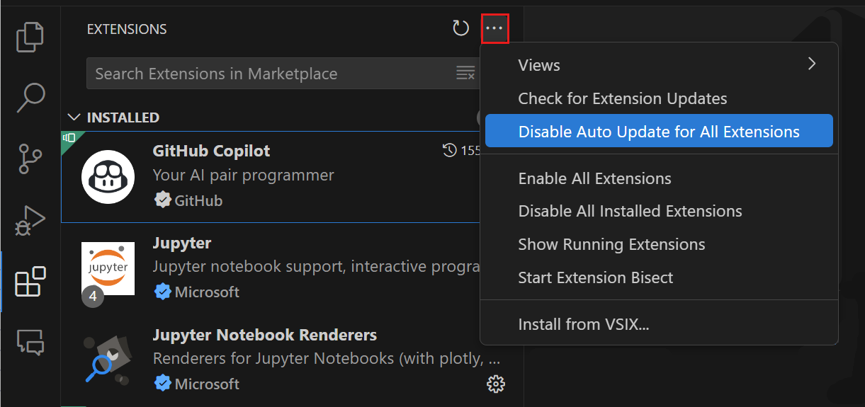 Disable auto update for all extensions action