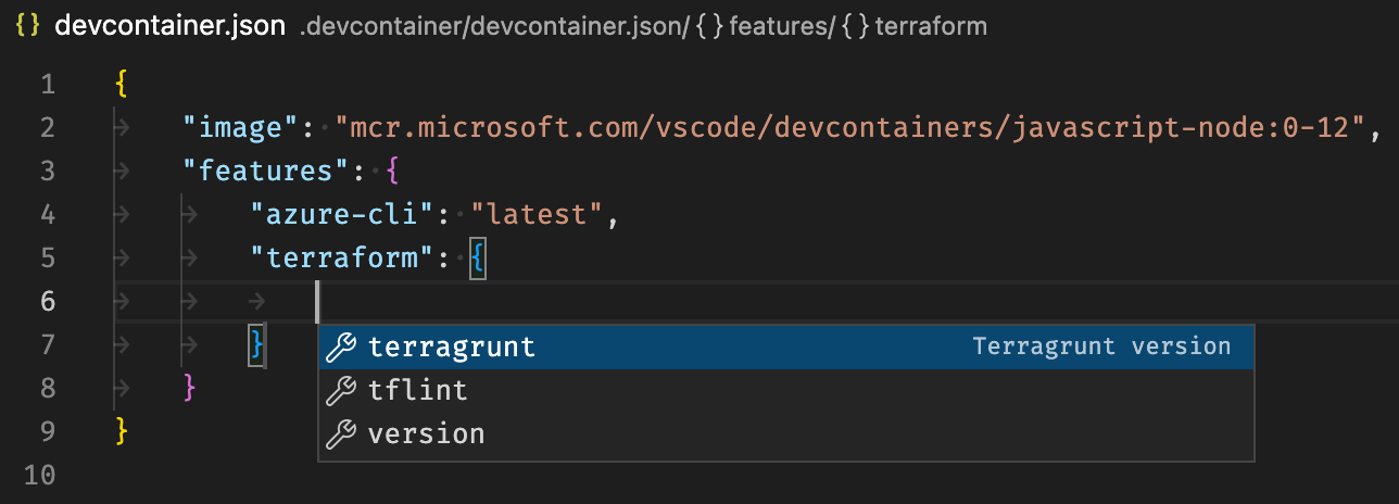 Intellisense when modifying terraform Feature