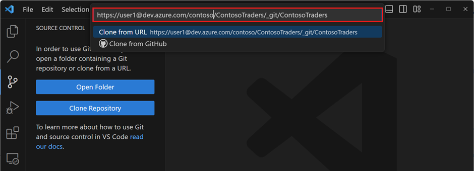 Screenshot of the Clone Repository quick prompt, searching for a repository by providing the repository URL