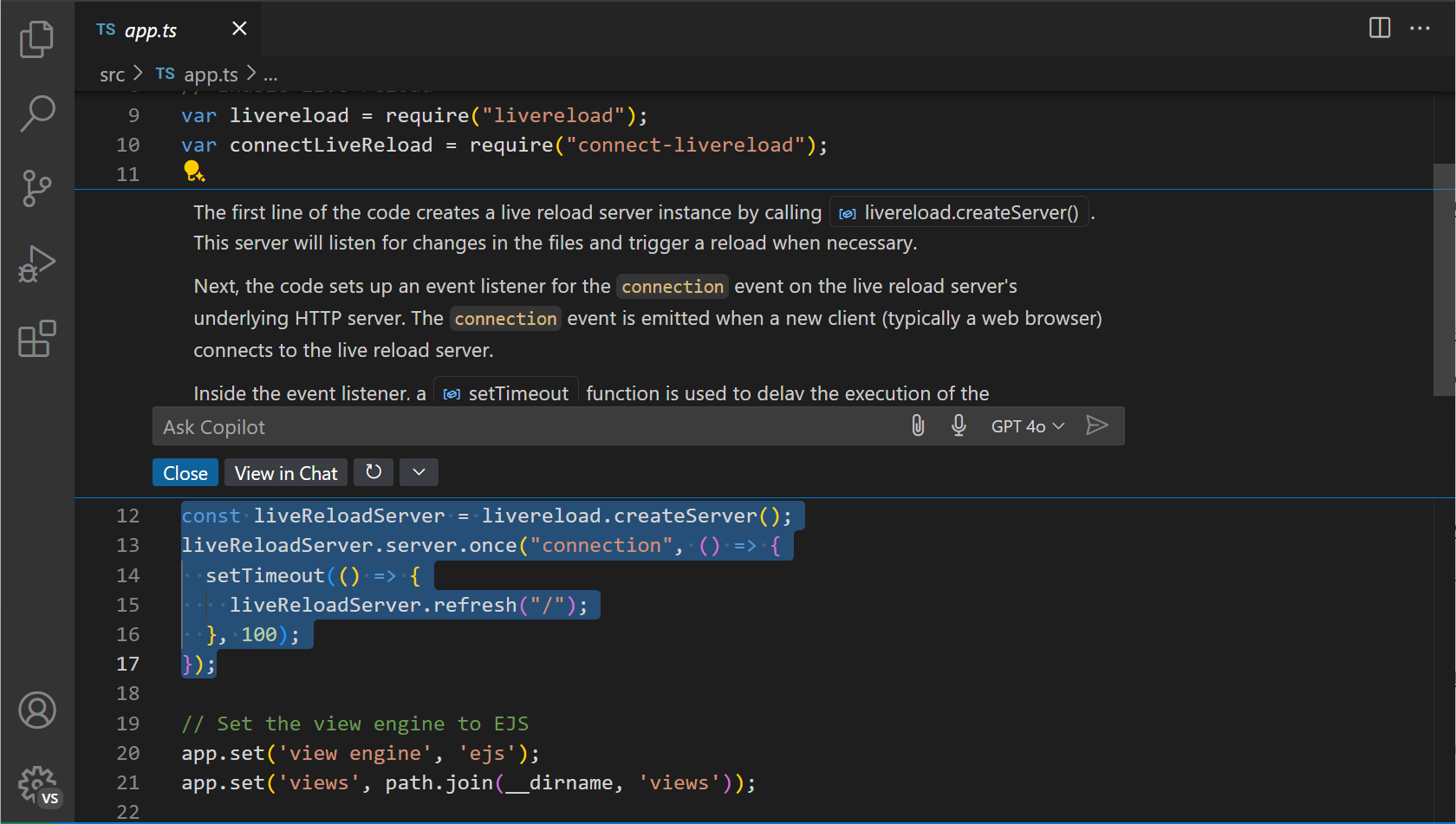 Copilot Inline Chat asking information about the used sorting algorithm