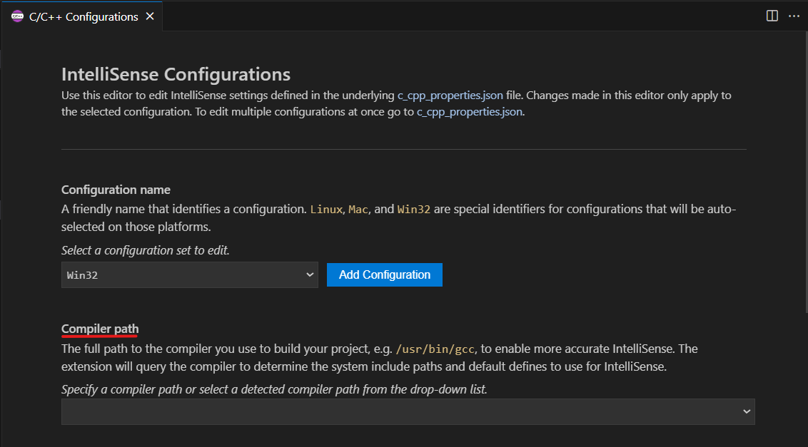 C/C++ IntelliSense Configurations user interface