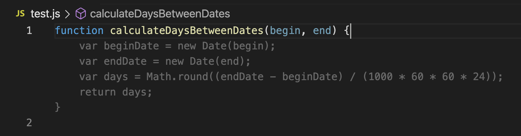 Inline chat suggests the implementation of a 'CalculateDaysBetweenDates' JavaScript function