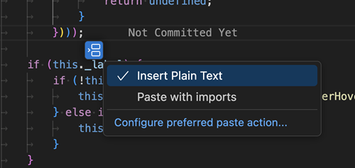 Paste control that shows options to insert plain text or paste with imports.