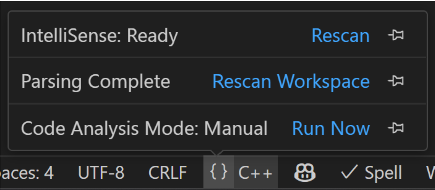 C++ extension language status bar flyout