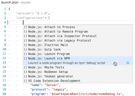 Launch configuration snippets for Node.js