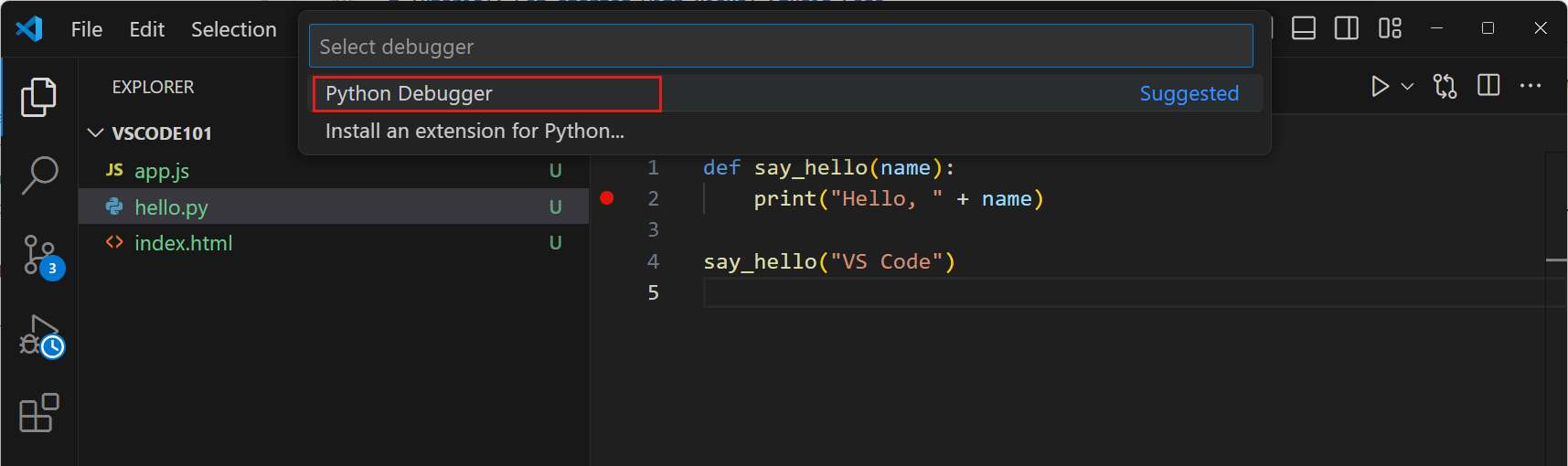 Screenshot that shows the Quick Pick menu to select the Python debug configuration.