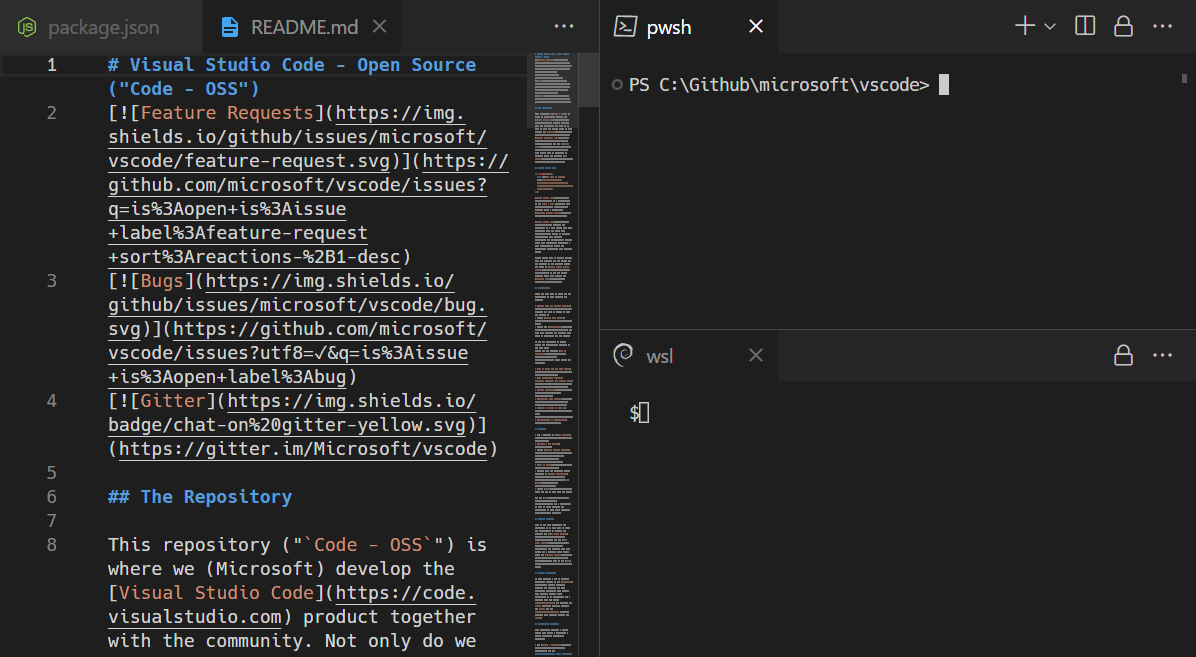 Terminal editors are can be laid out using the editor group layout system, for example 2 terminals could sit to the right of a text editor