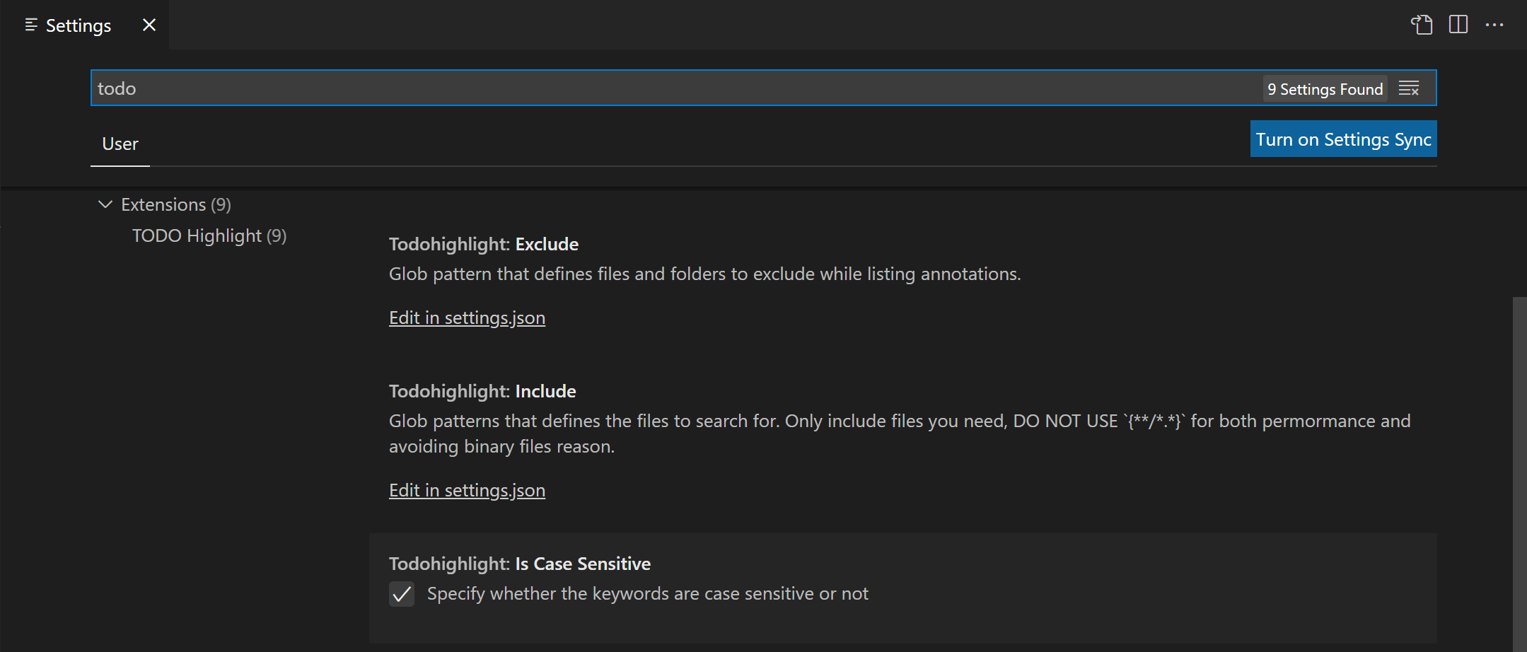 TODO Highlight settings in the Settings editor