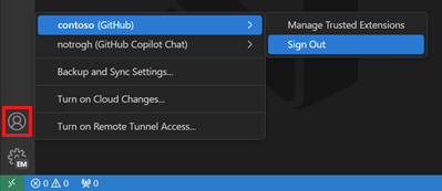 Accounts menu in VS Code, showing the option to sign out of the current GitHub account.