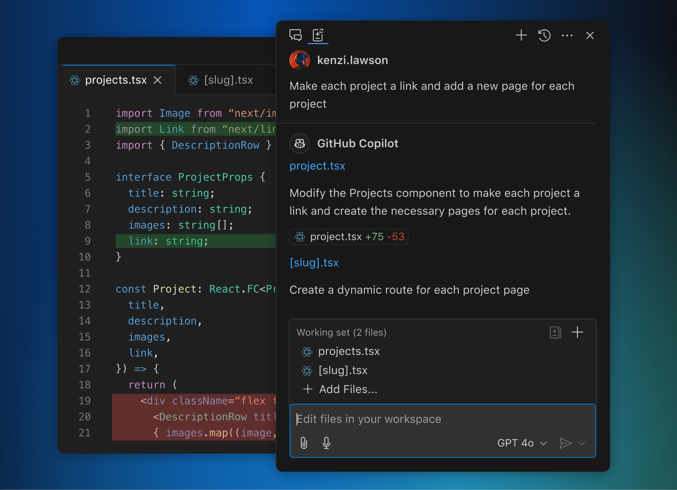 VS Code window showing a code editor with projects.tsx open, alongside a Copilot Edits panel. The chat discusses modifications to make each project a link and add dynamic pages. Two files, projects.tsx and [slug].tsx, are in the working set, with GitHub Copilot suggesting edits.